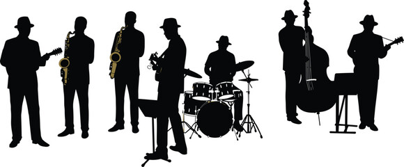 Silhouette of jazz band musicians playing drums, saxophone, guitar, piano, and double bass, perfect for live music vector illustration. © Creatives Sakib