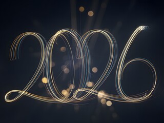 2026 Glowing Script Numbers With Light Trails On Dark Festive Background.