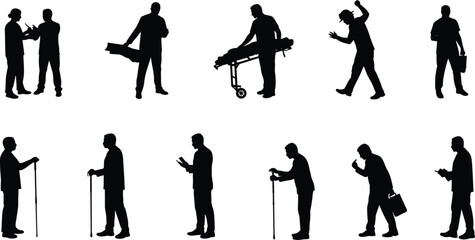 Obraz premium Silhouette people, business professional, musician guitarist, dancer performer, medical emergency stretcher, elderly with cane, mobile phone user, 