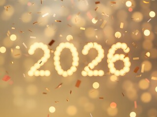 2026 Gold Bokeh Lights Number With Falling Confetti On Festive Background.