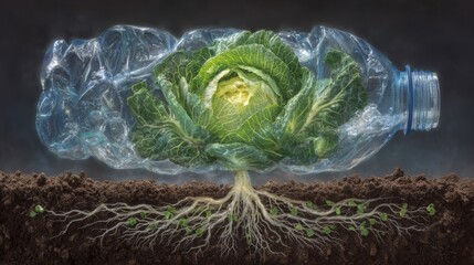Obraz premium Surreal cabbage plant sprouting through a transparent plastic bottle with roots in rich soil, symbolizing sustainability, pollution, and the clash between nature and waste.