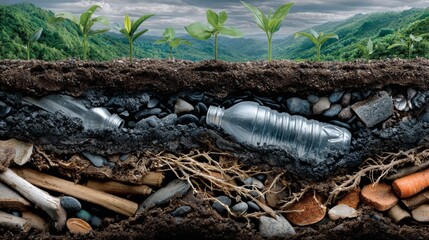 Conceptual cross section showing buried plastic bottles under soil and roots while fresh seedlings grow above, ideal for illustrating pollution, recycling, and environmental impact.