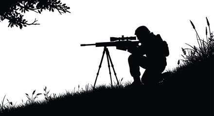 Silhouette sniper with tripod rifle, crouching soldier aiming scope, tactical shooting scene, outdoor grass landscape, military precision marksman illustration background © MD SAKIL