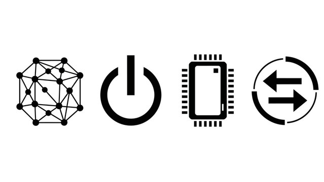 Set of icons representing network connection power button microchip and data transfer
