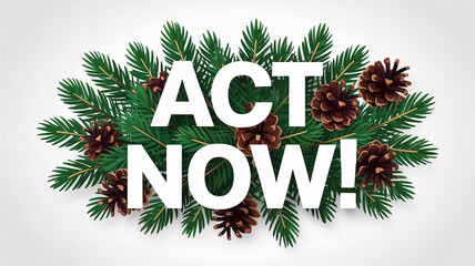ACTNOW text on a background of pine branches and pinecones act now sale