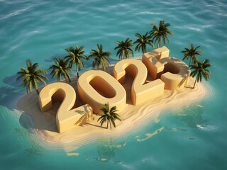 2025 Golden Sand Number Island With Palm Trees In Turquoise Tropical Ocean.