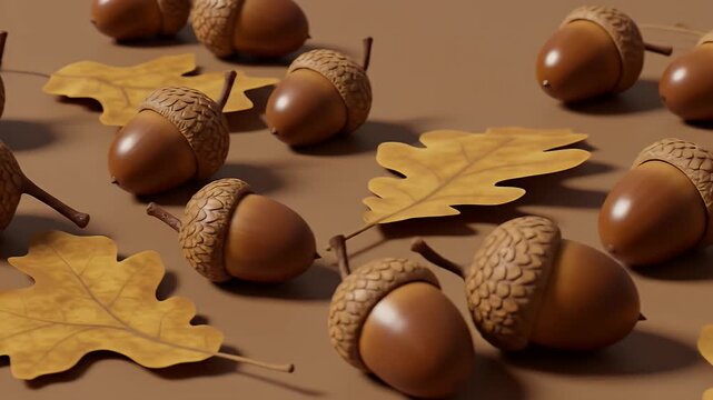 Scattered Acorns and Leaves on a Brown Surface Cinematic Zoom Camera View 2025