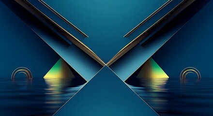 Abstract geometric butterfly shape reflected in water with iridescent highlights and circular motifs