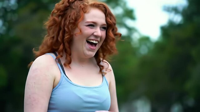 Red-haired woman playfully hula hooping in the park, exuding joy and active lifestyle with vibrant