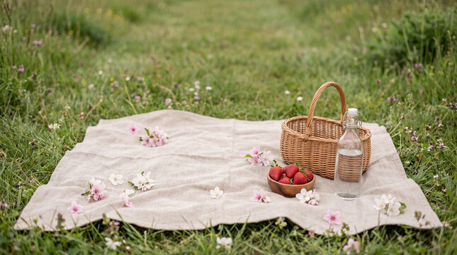 Relaxing spring picnic setup in a meadow with fresh strawberries and a water bottle - Powered by Adobe