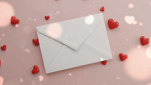 A white envelope surrounded by red hearts on a pink background with love and care
