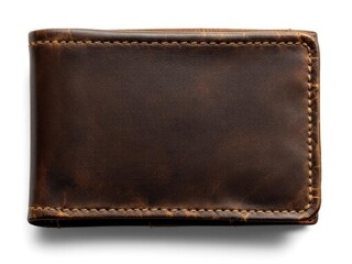 Brown leather wallet with stitched edges on a white background