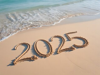 2025 Written On Tropical Beach Sand With Ocean Wave Coming Ashore.