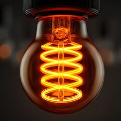Vintage Light Bulb with Spiral Filament Glow Against Dark Background