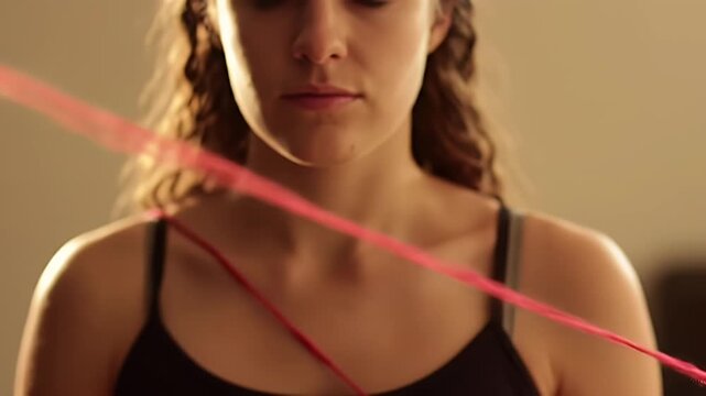 Young woman tangled in red strings, expressing connection and emotional complexity