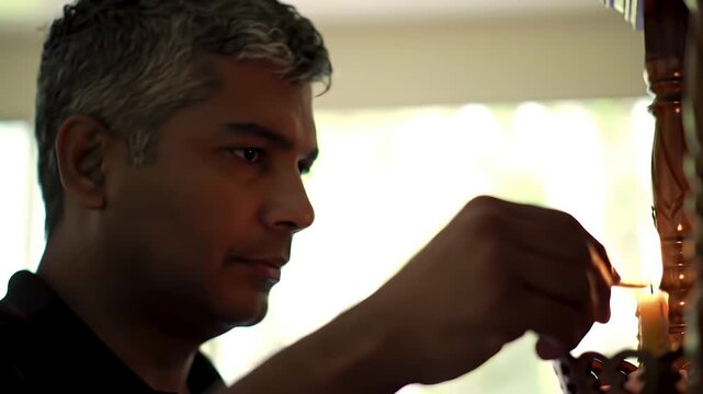 Illuminating hope: Serene moment of a man lighting a candle in a wooden holder