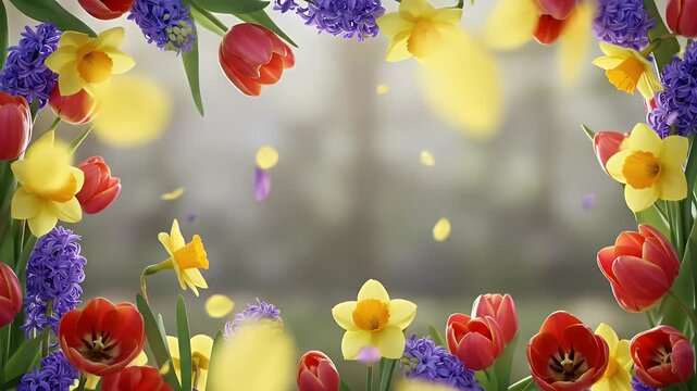 Vibrant flowers bloom in a serene garden with tulips daffodils and hyacinths floating gently