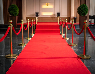 Elegant red carpet entrance with gold stanchions and velvet ropes for luxury gala awards event indoor