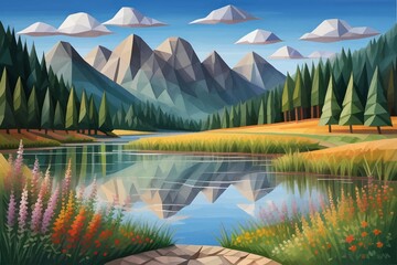 Peaceful Mountain Lake Landscape with Wildflowers, Pine Trees, and Reflection in Stylized Geometric Art