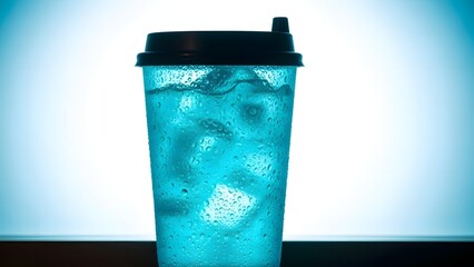 A refreshing blue drink in a tall clear plastic cup with ice cubes and a black lid