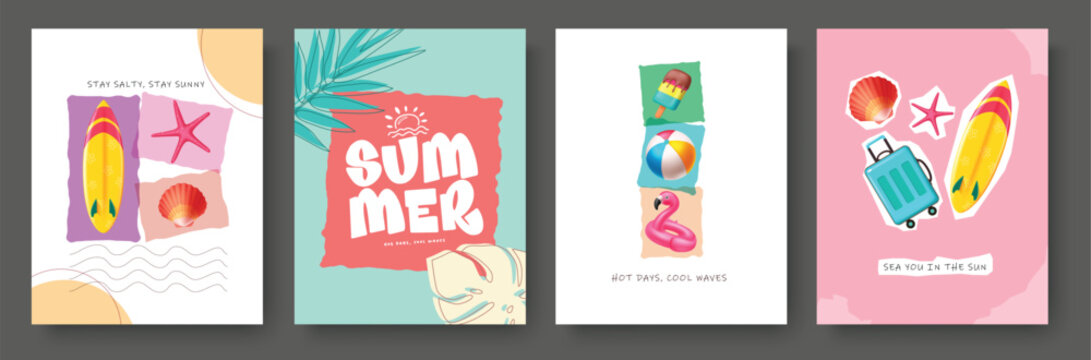 Summer Travel Vertical Poster Set with 3D Surfboard, Suitcase, Flamingo, and Paper Cut Scrapbook Art - Powered by Adobe