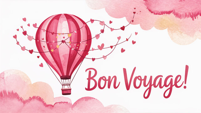 Pink hot air balloon with hearts and Bon Voyage text watercolor travel trip