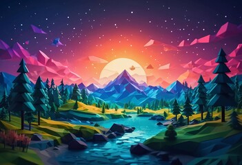 Fototapeta premium Vibrant Low Poly Mountain Landscape with River and Sunset Sky