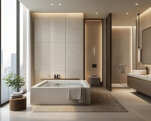 Spacious suite with floortoceiling windows, marble accents, and a private jacuzzi, suite with jacuzzi, luxurious, upscale