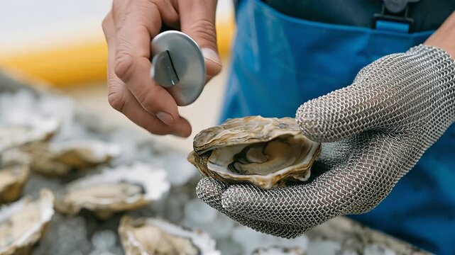 close-up of hands opening a fresh oyster using a shucking knife and protective glove, showing seafood preparation and professional shellfish handling