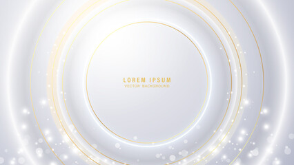 Luxury white abstract background with golden circles and glowing sparkles