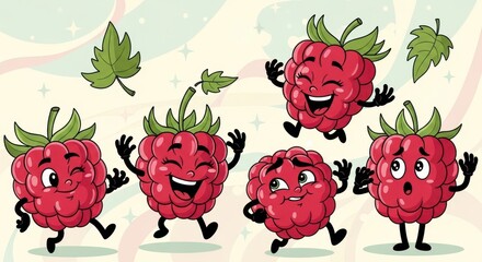 Animated raspberry characters with various expressions dancing on a patterned background