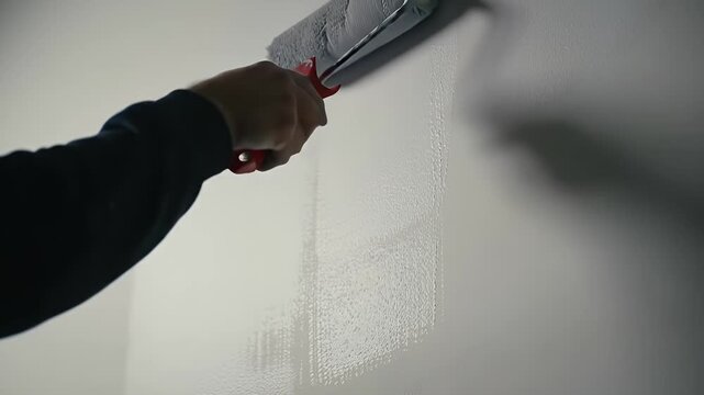 Person rolling white paint onto a wall surface for home renovation or refurbishment project