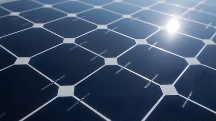 Closeup of solar panels with sunlight shining on them, photovoltaic cells generating renewable energy