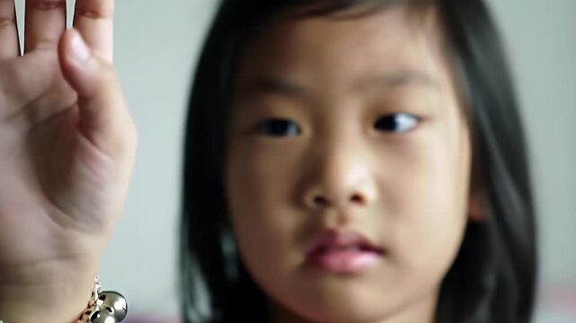 A young girl shows off her silver charm bracelet with bells, hearts, stars and jewels