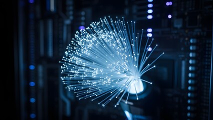 Glowing blue fiber optic light beam with sparkling particles in dark background with circuit board