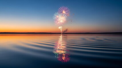 Calm snowy plain reflecting colorful fire under a serene 2026 new year sky