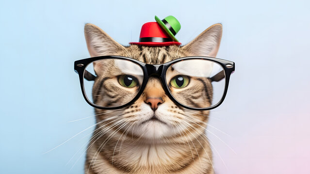 Adorable Tabby Cat Nerd with Stylish Eyeglasses and Miniature Hats