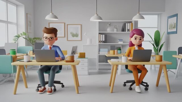 young couple in cafe. 3D cartoon office characters sit at separate desks in a bright modern workspace 