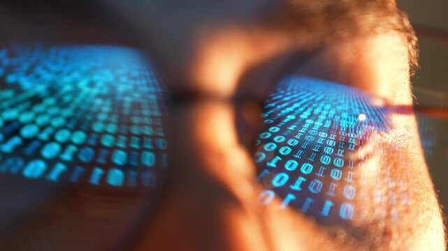 A focused user works on a computer as binary code glows in their glasses, representing digital processing, AI insights, cyber security, and technology-driven transformation.
