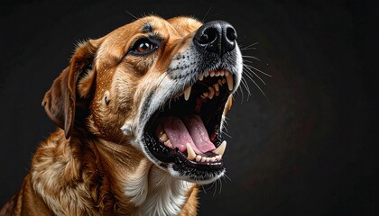 Close-up of a brown dog barking aggressively with its mouth open, teeth bared, and fur in detail against a dark background