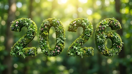 The year 2026 formed from green foliage and plants in a forest setting
