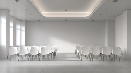 Minimal corporate training room with blank wall and strong copy space, soft lighting, realistic business interior for presentations, workshops and education content