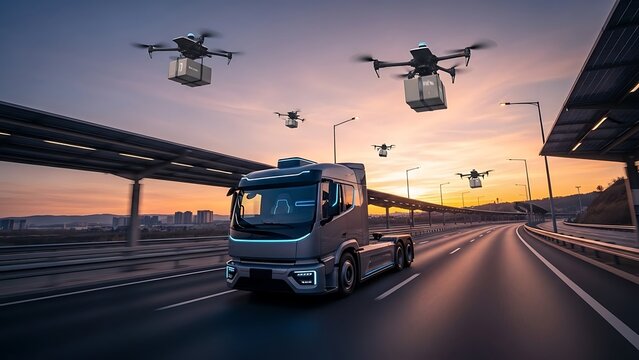 Autonomous truck driving on highway with delivery drones flying overhead at sunset