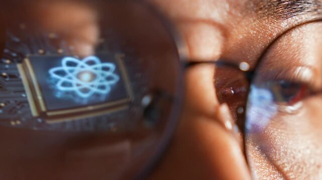 Close-up of a person wearing glasses, viewing a laptop screen reflecting a digital quantum computing chip, symbolizing advanced technology and three additional futuristic concepts.
