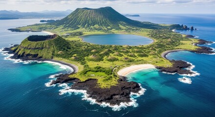Astonishing aerial perspective of volcanic island, illustrating nature's geological artistry and