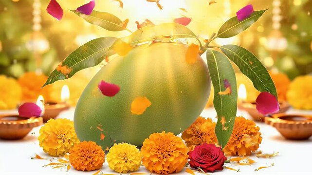 Fresh Green Mango Fruit With Leaves And Flower Petals Falling