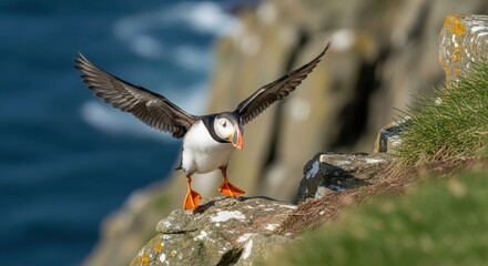 Atlantic puffin preparing for takeoff from a rocky cliff overlooking the vast ocean waters