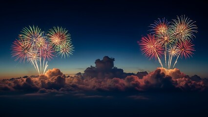 Vibrant fireworks explode above festive clouds on a New Year's Eve night