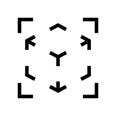 Minimal 3D transform icon with directional arrows and framing guides, ideal for 3D modeling tools, scene editors, VR/AR interfaces, object manipulation controls, and product viewers.