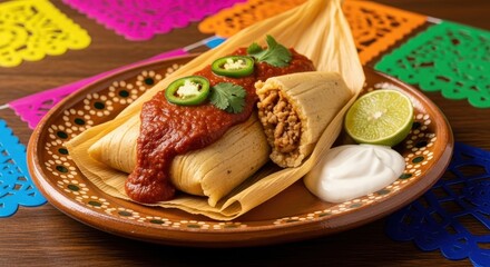 Authentic mexican tamales with spicy sauce, lime and crema for cinco de mayo celebration